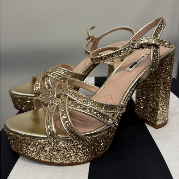 Miu Miu Shoes - Miu Miu Glittering Gold Strappy Heels